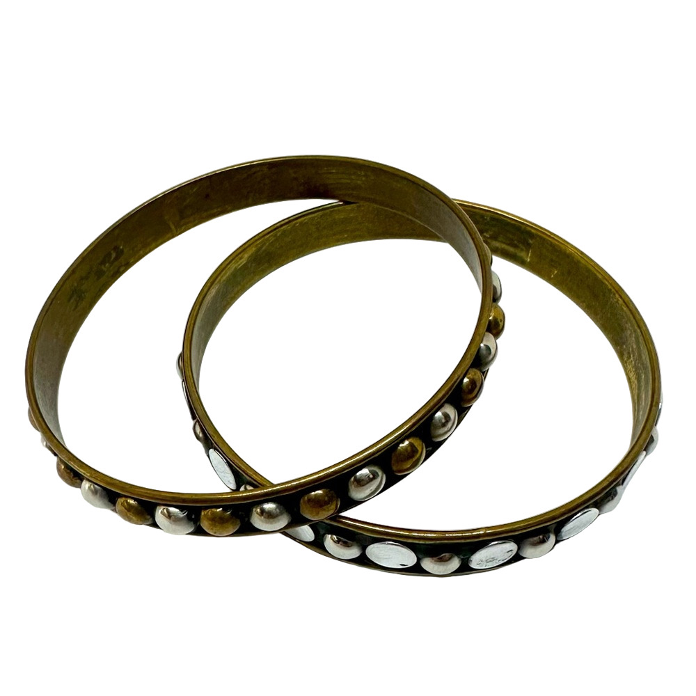 Set of 2 Metal Brass Handmade Mixed Metal Bangles Bracelets Rustic Boho - Sz 8